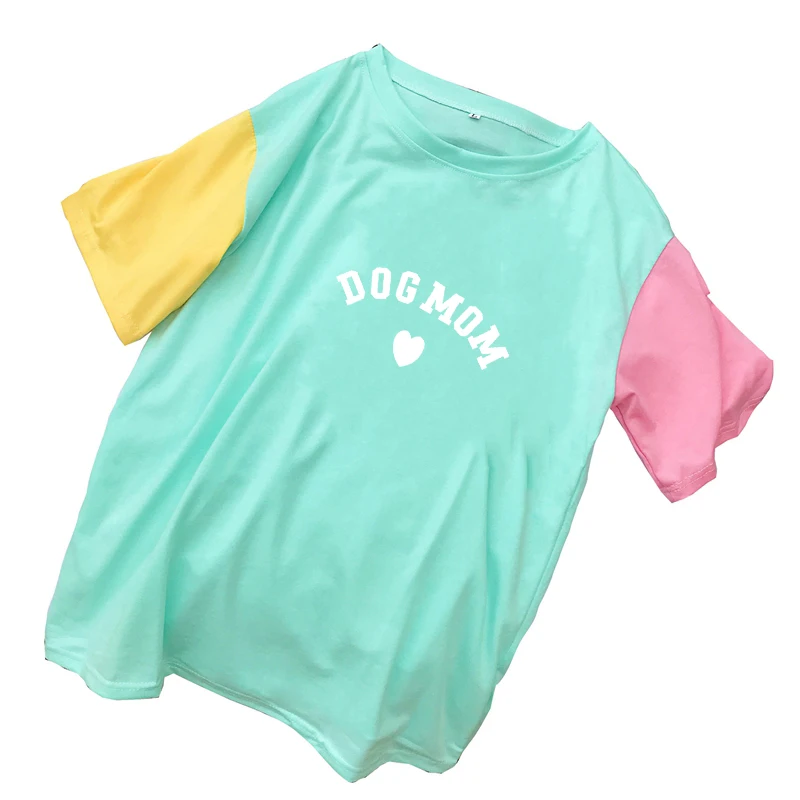 

Summer T Shirts DOG MOM Print Women Tops Mutlicolor Spliced Cotton Tees Casual Korean Harajuku Kawaii Heart Femme Streetwear