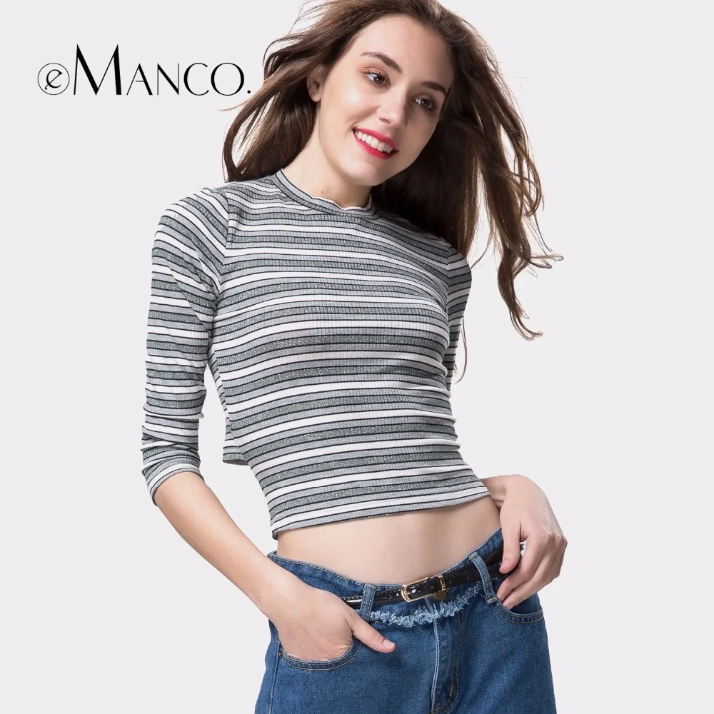 e-Manco new casual summer women stripes design Slim long-sleeved T-shirt Tops | Женская одежда