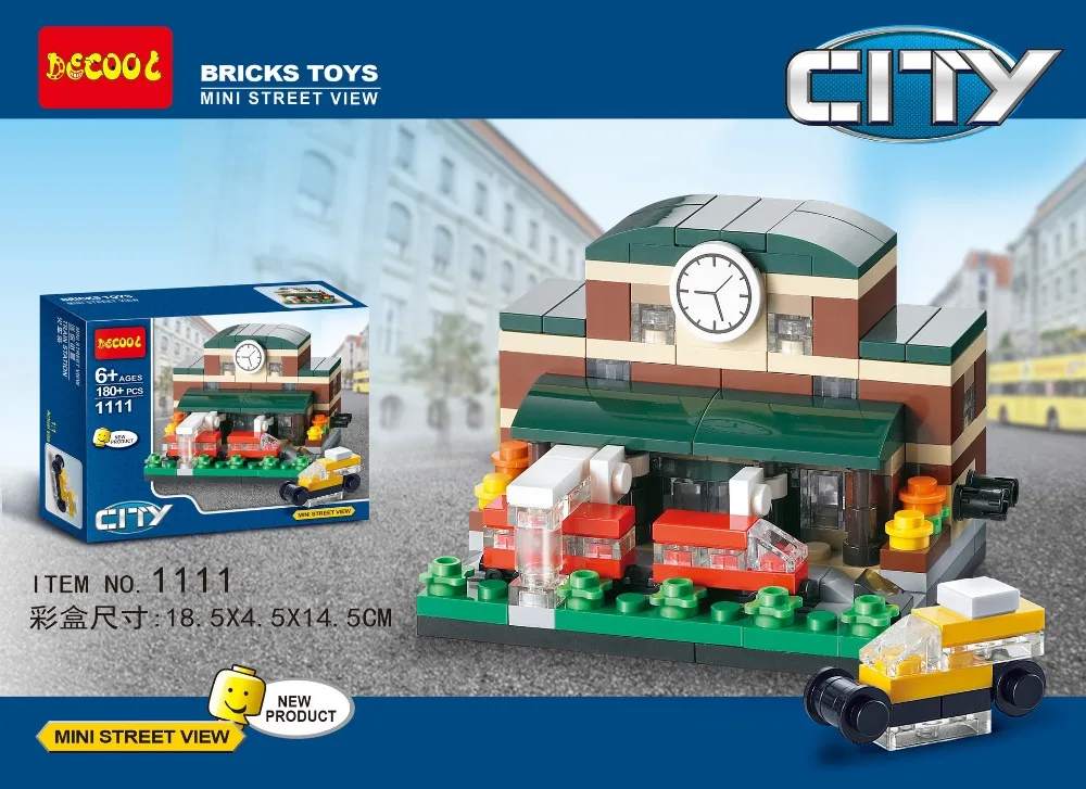 Nuevo 4 unids/lote decool 1110 1113 city mini street view hotel/estacion de tren строительные блоки sitemas del juguetes|building