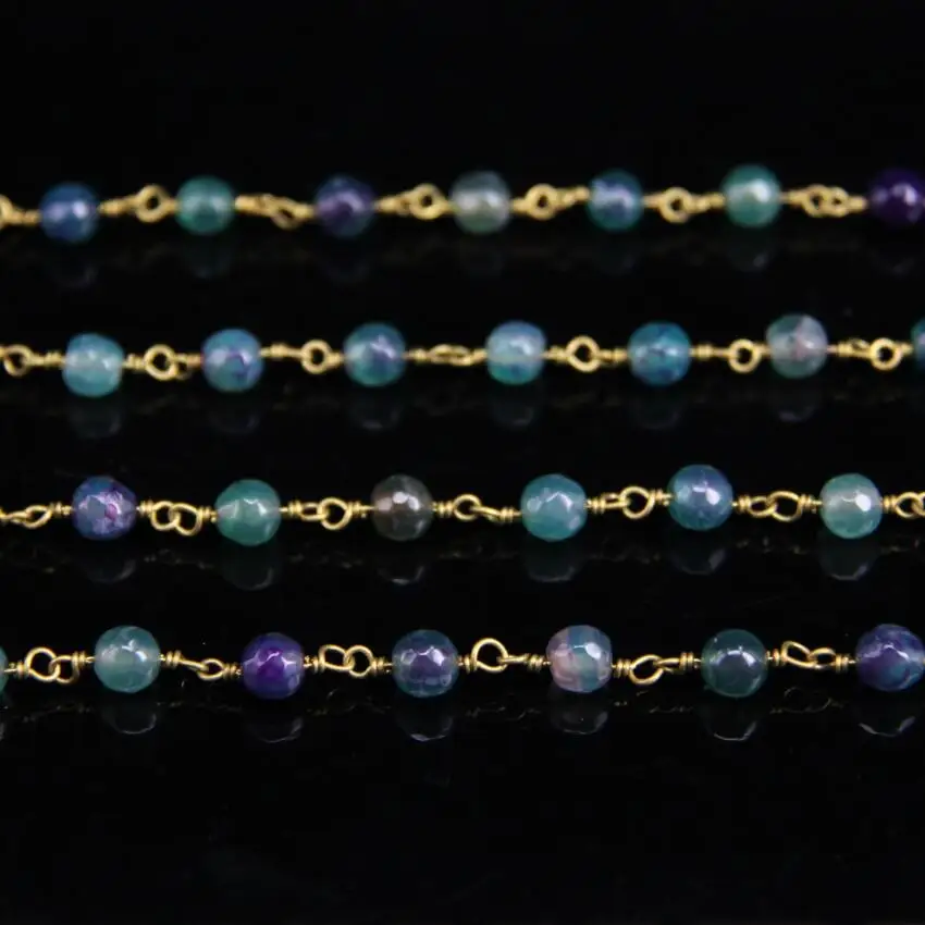 

New Colors Green Purple Natural Agates Faceted Round Bead Rosary Chain,Brass Wire Wrapped Stone Chain DIY Fashion Jewelry Making