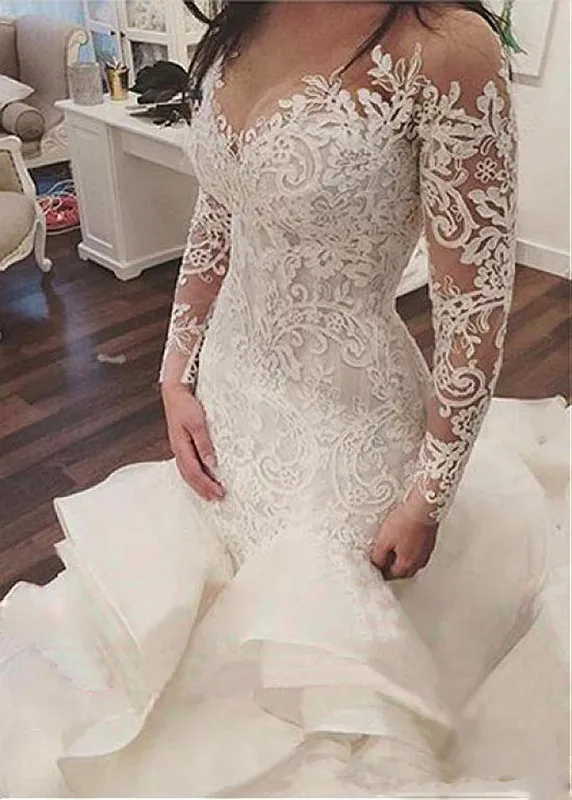 

Vintage Vestido De Noiva Muslim Wedding Dresses Mermaid Long Sleeves Tulle Lace Ruffles Boho Wedding Gown Bridal Dress