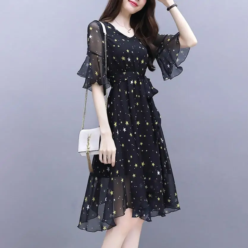 Летнее женское платье с короткими рукавами принтом пятиконечной звезды 2019 новое