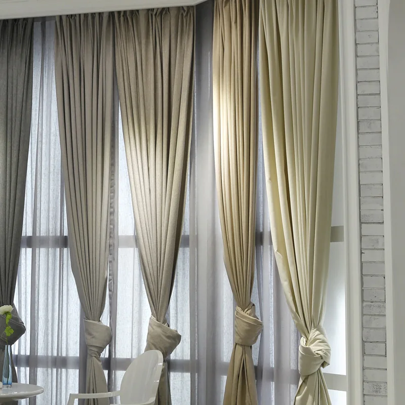 FINO Modern Blue solid Curtain Fabrics For Living Room Dark Gray Europe Curtains Window Panel Light brown Polyester Linen Drapes | Дом и сад