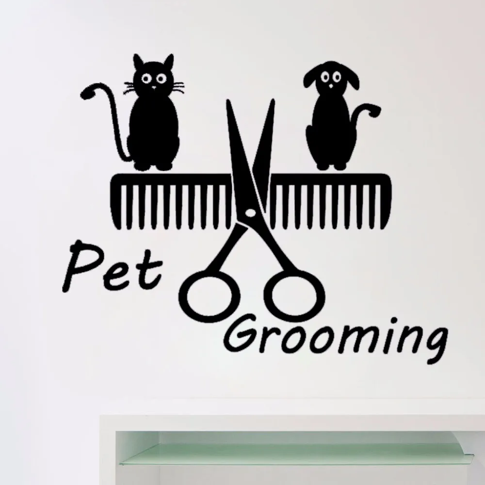 Dog Cat Shop Comb Art Vinyl Sticker Home Decor Removable Wall Decal Pet Grooming Salon Decoration Self Adhesive Wallpaper S262