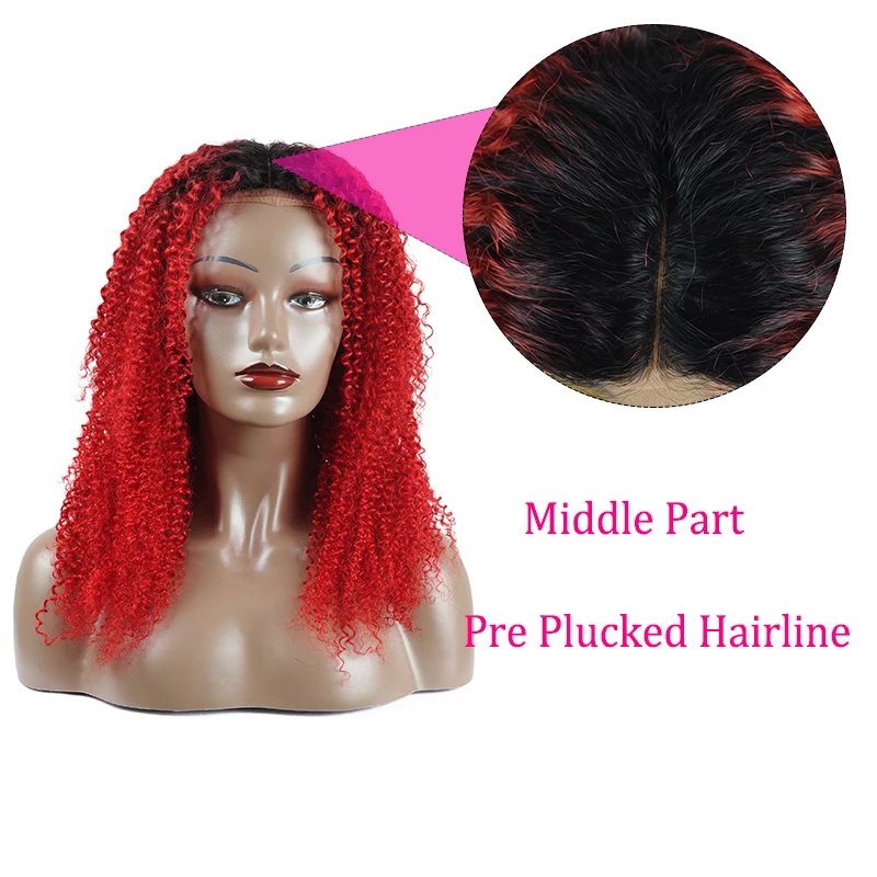 Kiss Mee T1B Red Lace Front Wig Curly Human Hair Laced Remy Dark Root Ombre Brazilian Kinky For Black Women | Шиньоны и парики