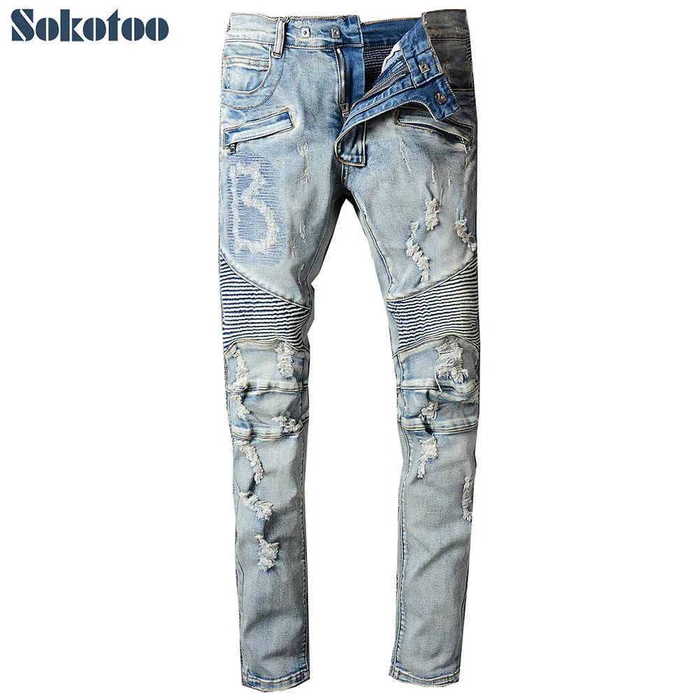 Sokotoo Men's vintage light blue holes ripped biker jeans for motorcycle Casual pleated torn stretch denim slim pants | Мужская