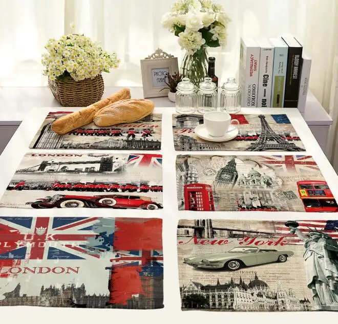 

Льняная подстилка-салфетка с принтом, 4 шт./лот, коврик для стола, ретро-коврик из лондонского полиэстера, домашний текстиль, оптовая продажа,...