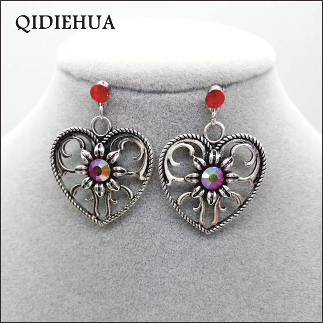 Женские серьги подвески в форме сердца античные серебристые красные с