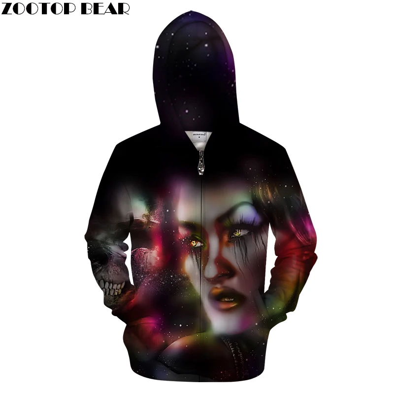 

Череп & Красота 3D с капюшоном, на молнии в стиле «Для мужчин свитшоты на молнии смешной костюм пуловер Толстовка HoodedCoat унисекс п челнока ...