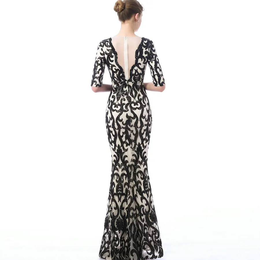 Вечернее платье Черное V-cou Прозрачное с пайетками Partie Formelle Robe Moitie Manches Perles Sexy robes de