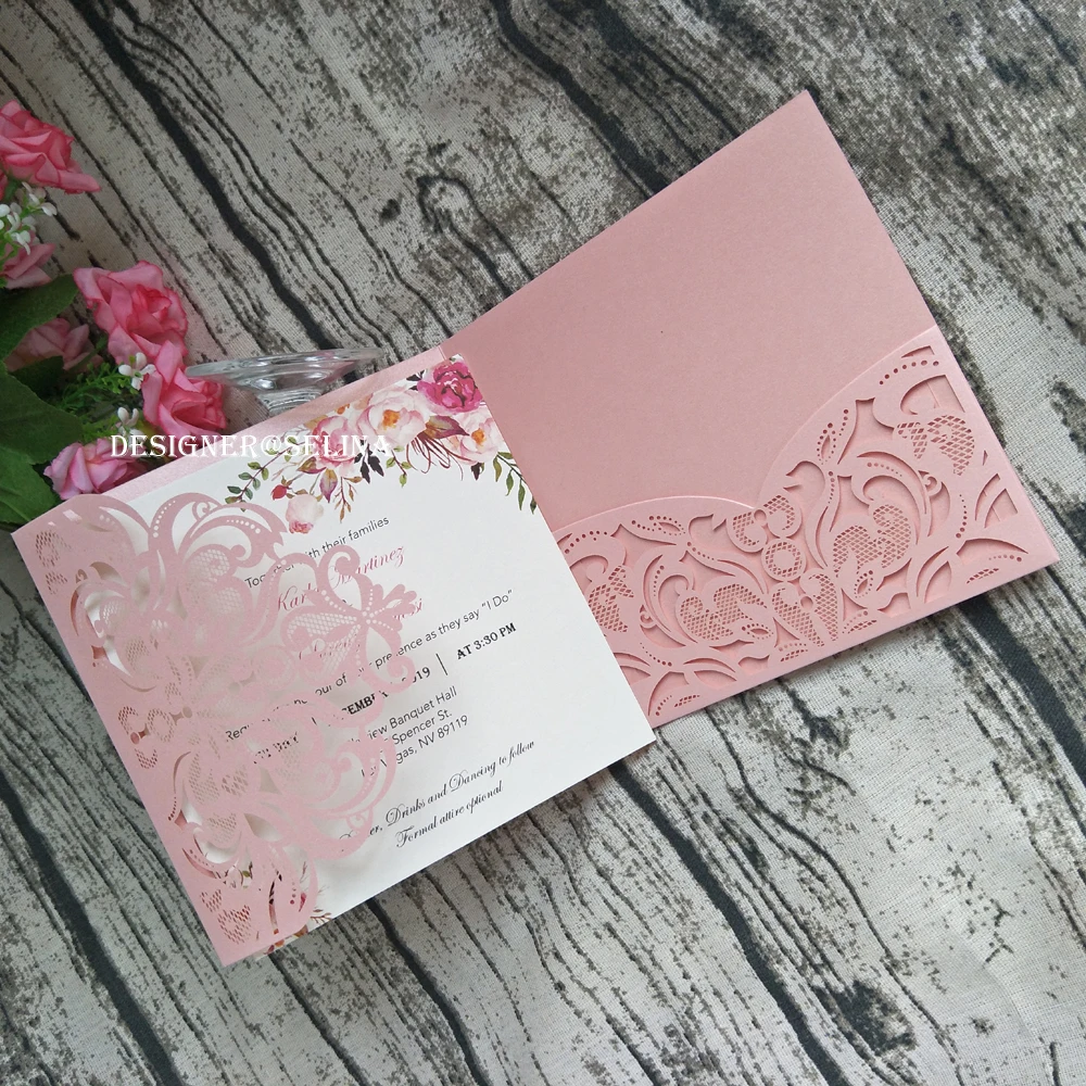Румяна Розовый Shimmy конверт с лазерной резкой Quinceanera приглашение с открытка RSVP приглашения на свадьбу День рождения обручение