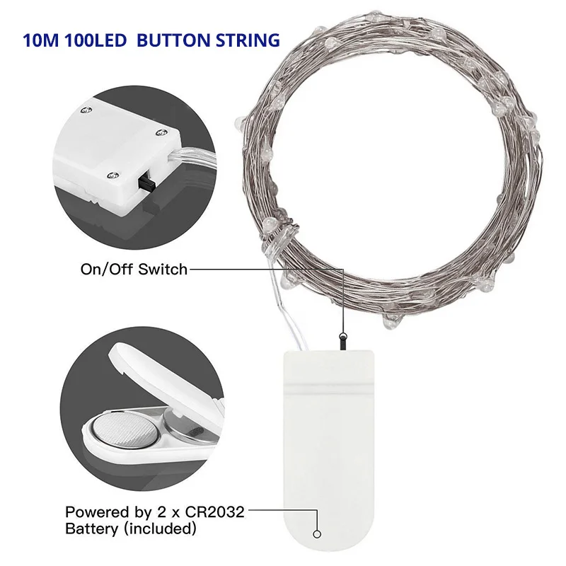 100/200/300/400 luces led decoracion гирлянды светодиодные праздничные гирлянды наружные светодиодные ленты для рождественской вечеринки Свадебные украшения - Испускаемый цвет: 10m Button battery