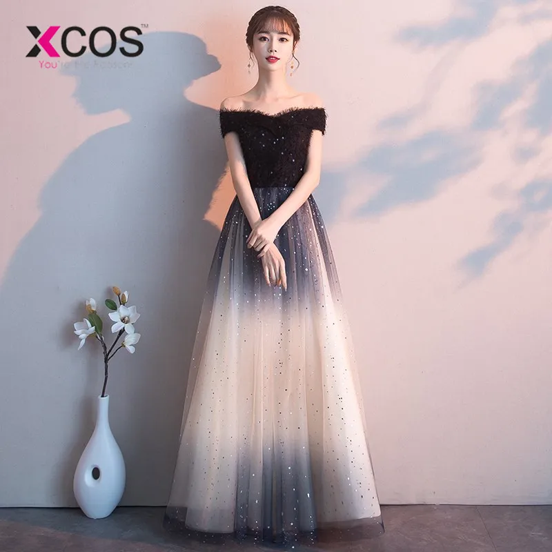 XCOS 2019 черные платья для выпускного вечера Длинные трапециевидные без рукавов с