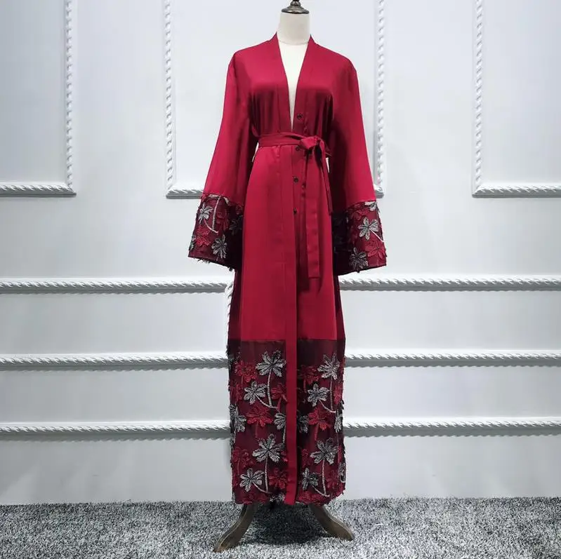 Wine red cardigan Цветочное нарядное платье Абая для мусульман, Дубай кимоно кардиган платье хиджаб Абая для женщин Катара Caftan Рамадан халат турецкая исламская одежда - Цвет: Wine red cardigan