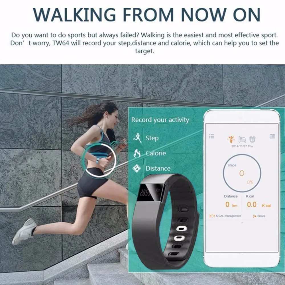 TW64 фитнес трекер Bluetooth Смарт Браслет спортивный браслет шагомер для iPhone IOS Android