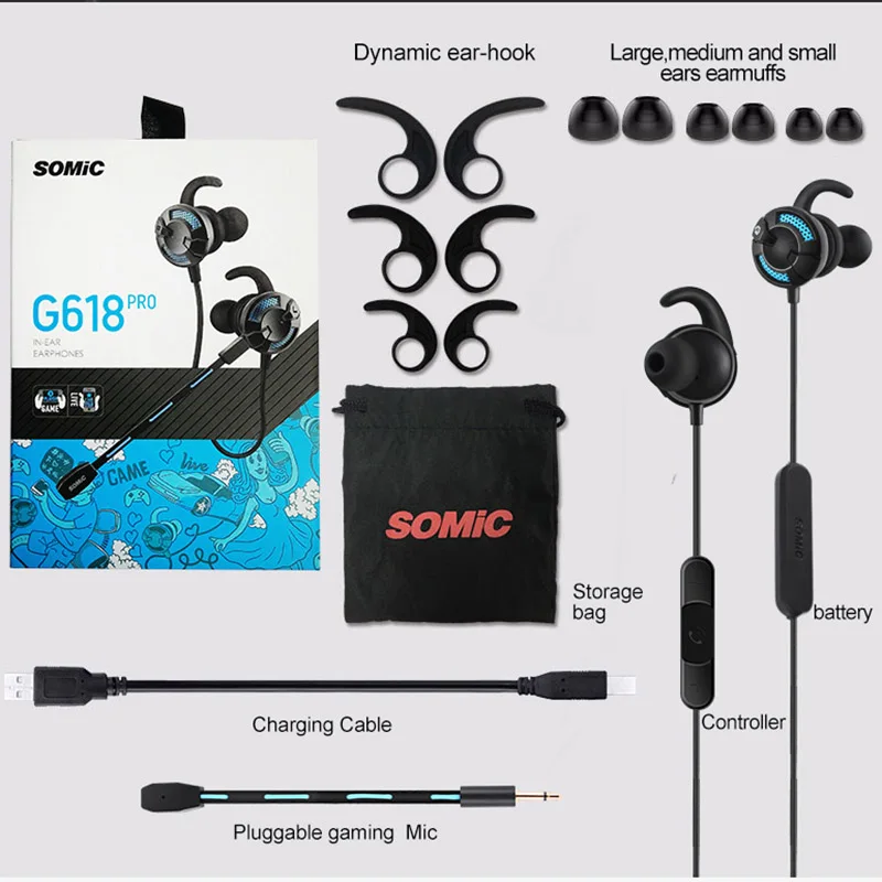 SOMIC G618 Pro Bluetooth In ear Earphone Stereo Wireless Sport Earbuds with Dual Detachable Mics Gaming Headset For Phone PS4 |