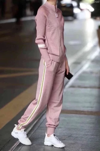 Pink Осенний женский спортивный костюм, 2 шт., женский комплект, повседневный вязаный кардиган, свитер+ штаны в полоску по бокам, комплекты из 2 предметов, женская одежда, костюмы - Цвет: Pink