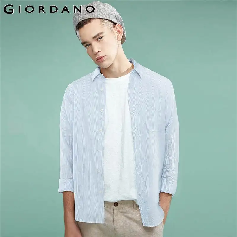Giordano Мужская рубашка из натурального льна и хлопка с длинными рукавами крутая