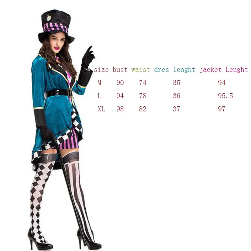 

Alice in Wonderland Clown Mad Hatter Costume for Adults Women Fantasias Sexy Magician Cosplay Halloween Carnival Magic Dress