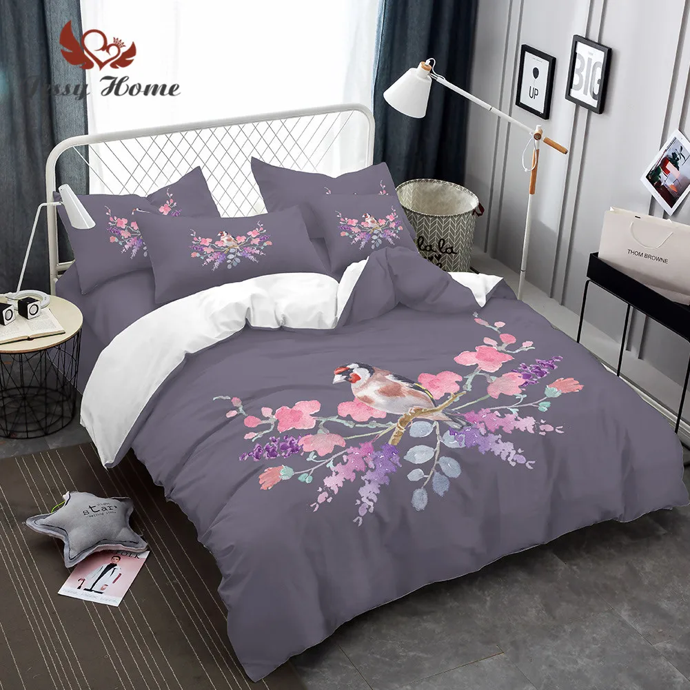 Bird Bedding Set Queen Size Pink Watercolor Flower Duvet Cover Cartoon Bed 3pcs US/AU/RU with Pillow Case M1445 | Дом и сад