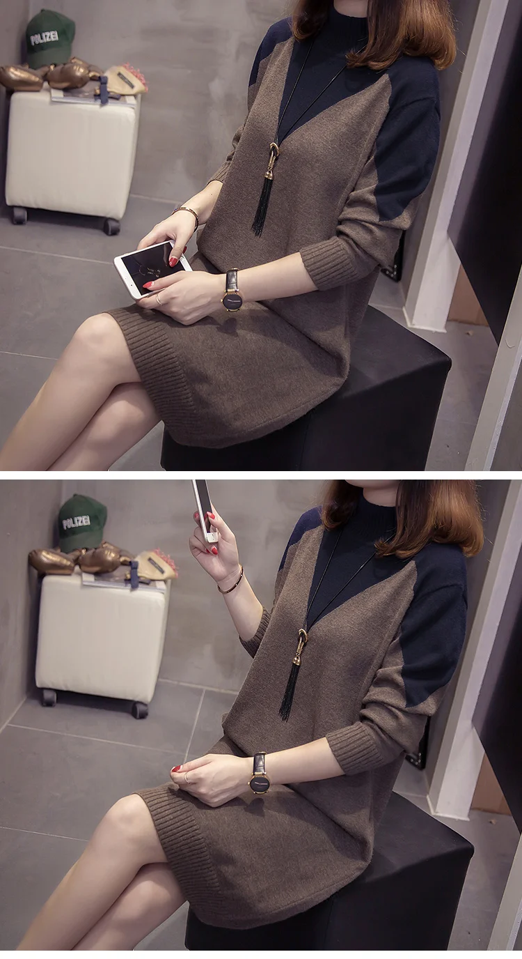 Milinsus, XL-4XL размера плюс, вязаный свитер, платье для женщин, тренд, половина водолазки, джемпер, зима, пэчворк, Женский пуловер, платья