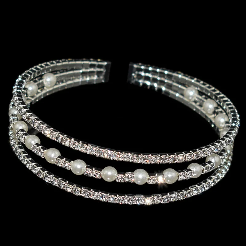 1-Silver-3Row-pearl Модные браслеты с искусственным жемчугом и кристаллами для женщин, растягивающиеся браслеты золотого и серебряного цвета, ювелирные изделия, подарок - Окраска металла: 1-Silver-3Row-pearl