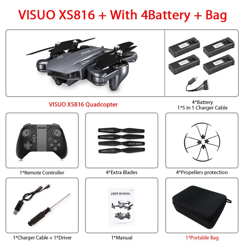 XS816 4B Bag Visuo XS816 оптическое позиционирование потока Rc Квадрокоптер с двойной камерой 2mp Wifi FPV Дрон управление жестами Дрон Vs XS809HW XS809S - Цвет: XS816 4B Bag