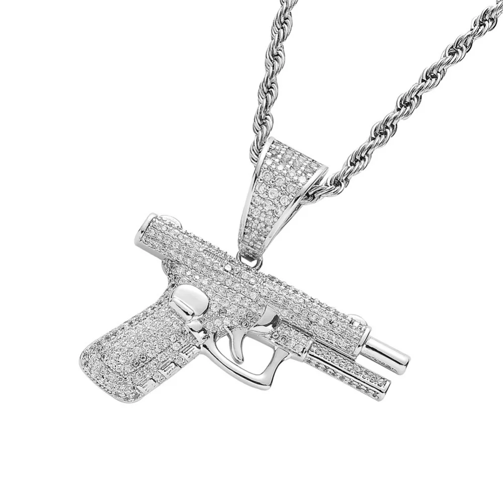 Микро проложили AAA кубического циркония Bling Iced Out автоматический пистолет кулоны с оружием ожерелье для мужчин хип хоп рэппер ювелирные изделия золото серебро