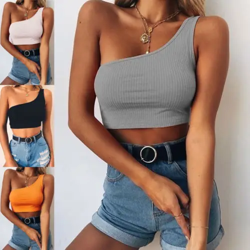 Женщины Леди Женская с одним плечом укороченный топ без рукавов футболка Летняя