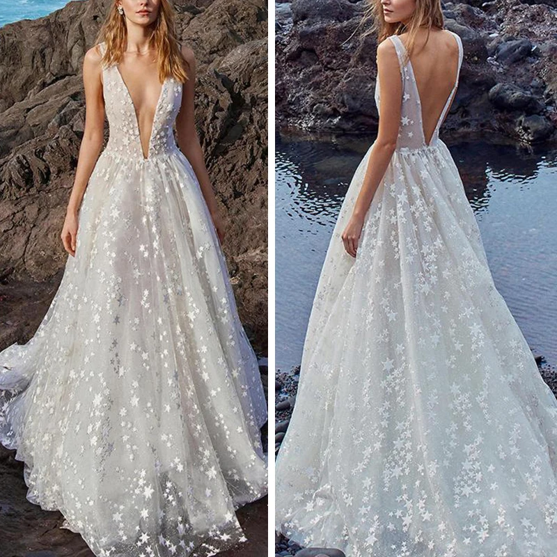 Женская Свадьба Глубокий V шеи без рукавов Тюль слинг большой маятник формальное