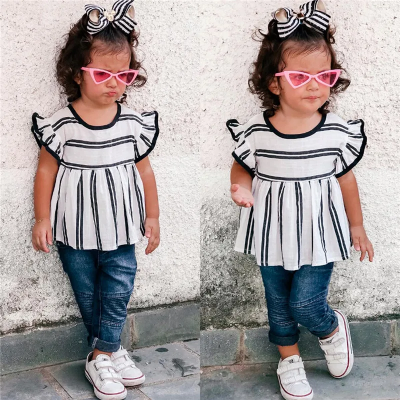 Милый детский комплект одежды футболка с оборками и коротким рукавом для девочек