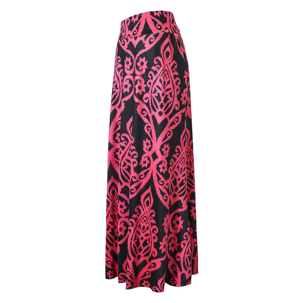Ladies Printed Empire Floor-Length Skirt Fashion Womens Vintage Casual Coral Print High Waist Skater Skirt Long Maxi Skirt#C