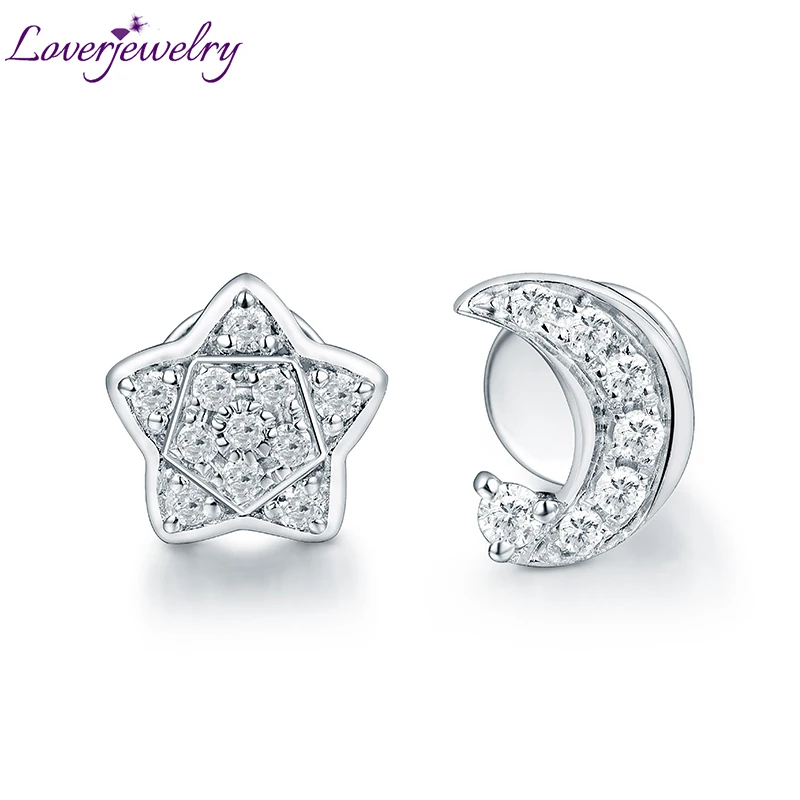 Женские серьги гвоздики LOVERJEWELRY из белого золота с Луной и звездами|earrings designer|earring