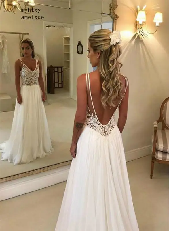 

Sexy Backless Boho A Line Deep V Neck See Through Top Lace Summer Beach Bridal Gown Plus Size Cheap Simple Wedding Dress 2020