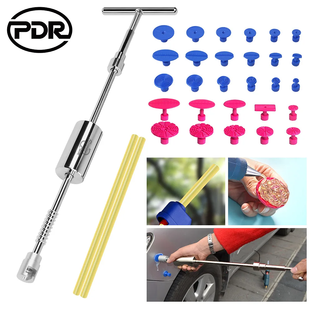 PDR Dent Puller 2 в 1 Набор инструментов для обратного молота с 28 клеевыми вкладками