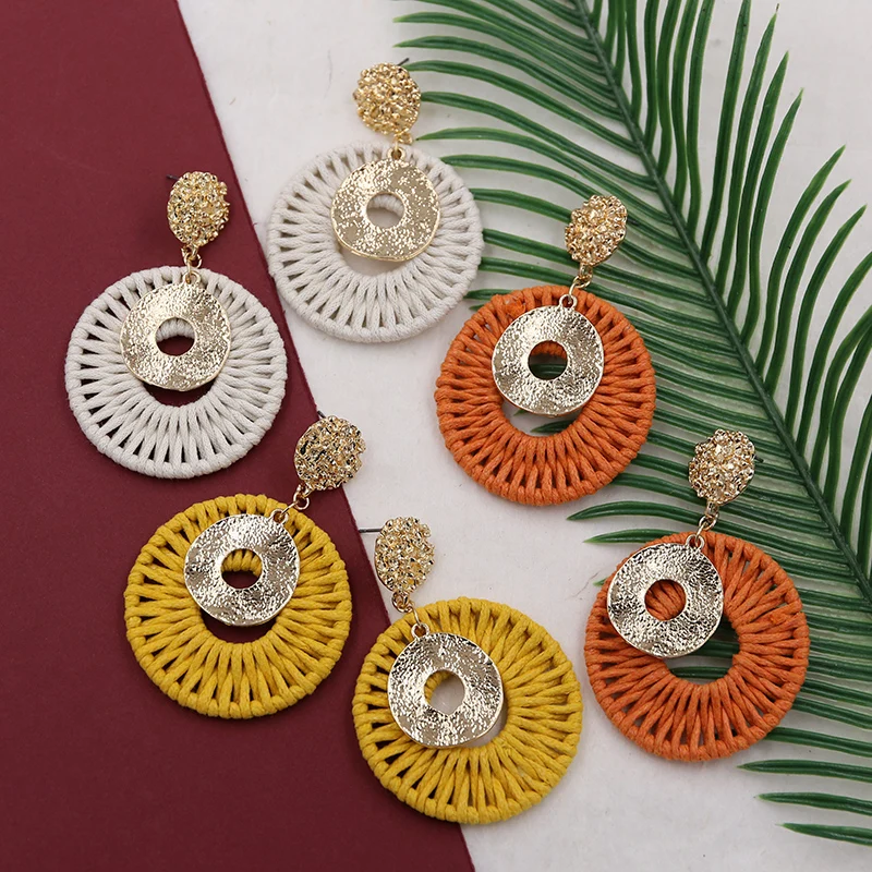 Желтые большие серьги для женщин круглые вязаные ручной работы с золотыми