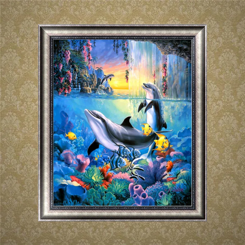 FineTime Underwater Scenery 5D DIY Diamond Painting Partial Round Drill Embroidery Cross Stitch Animal Dolphin | Дом и сад