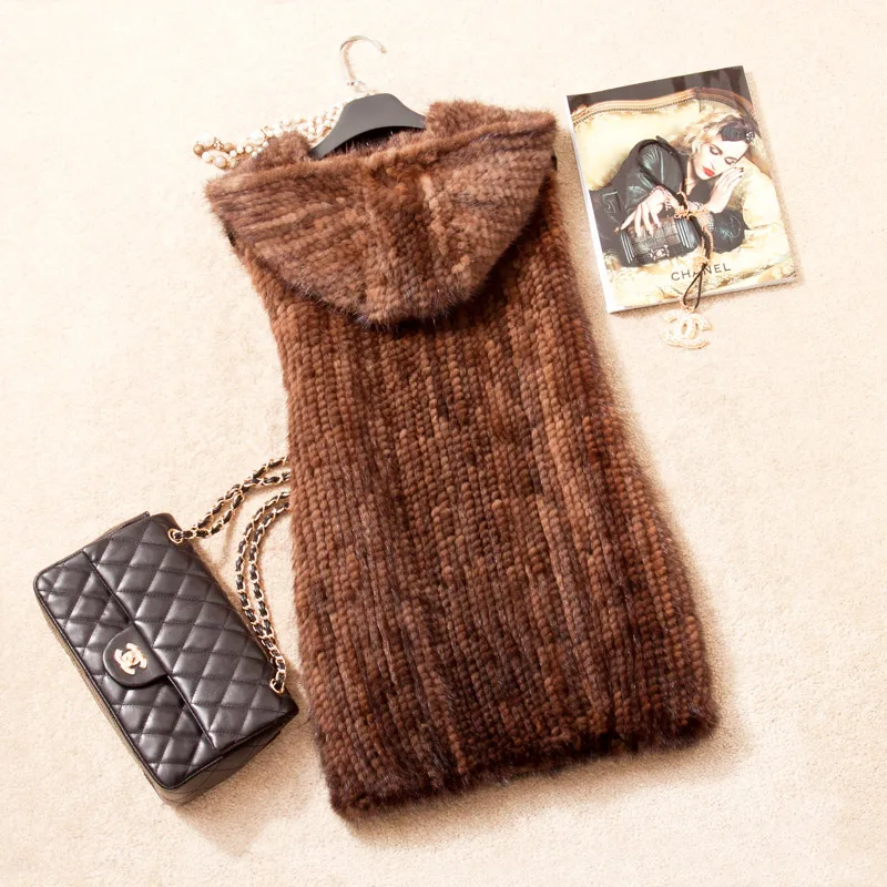 (TopFurMall) зимний женский настоящий вязаный норковый Меховой жилет с капюшоном