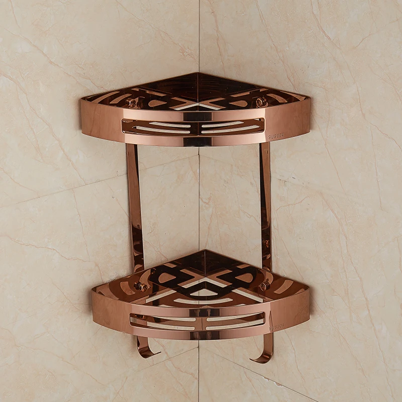 Triangle Bathroom Shelves Double Layer Stainless Steel Rose Gold Corner Shower Shampoo Cosmetic Storage Shelf Products | Обустройство
