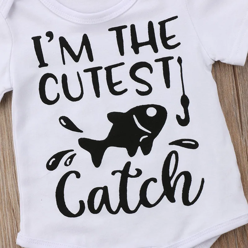 Детский хлопковый комбинезон с коротким рукавом и надписью Fish Catch|baby clothes|cotton