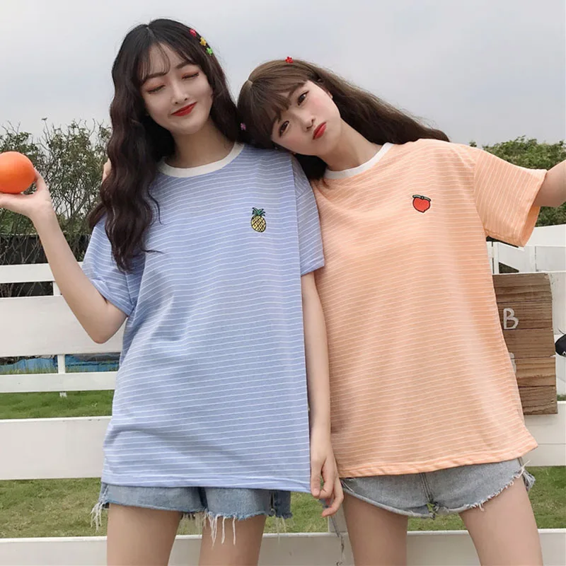 Ulzzang элегантный дизайн лучшие друзья футболка для женщин в полоску топы лето KPOP Корея фрукты вышивка женская футболка Милая одежда