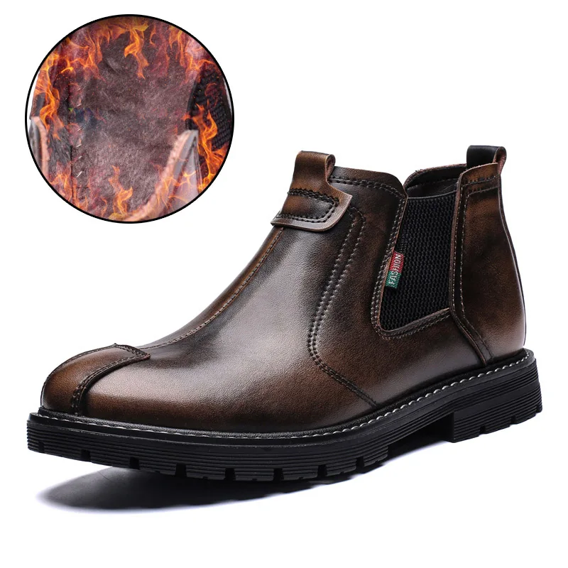 Brown Winter Boots Misalwa/Новинка; Прямая поставка; мужские зимние ботинки; зимняя обувь с мехом; сезон осень; износостойкие рабочие ботинки без шнуровки; кожаные ботинки; Botas hombre - Цвет: Brown Winter Boots