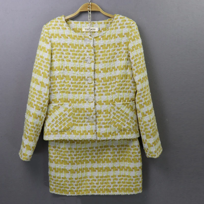 Желтая твидовая куртка + короткая юбка комплект 2020 осень/Новинка зимняя женская