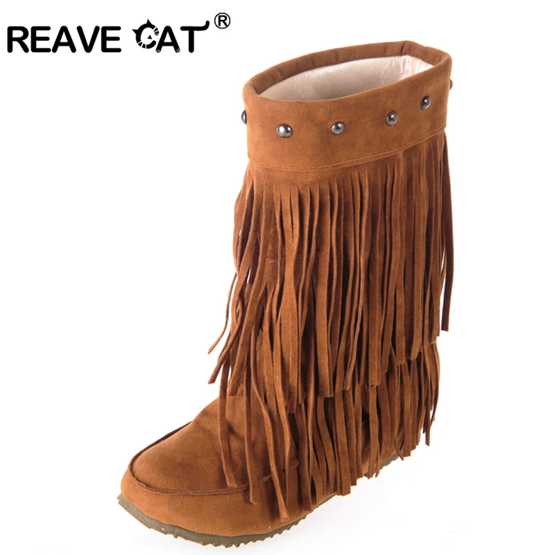 Женские двухслойные сапоги до колена REAVE CAT теплые больших размеров 34 47 с бахромой