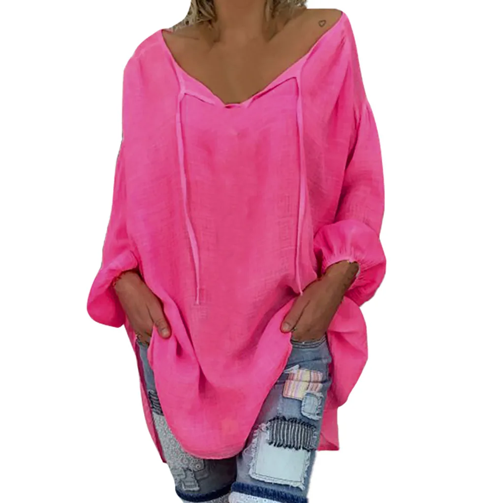 Hot Pink Женская флуоресцентная зеленая блузка Осень Зима размера плюс свободный длинный рукав сплошной v-образный вырез пуловер Топы рубашка одежда# G2 - Цвет: Hot Pink