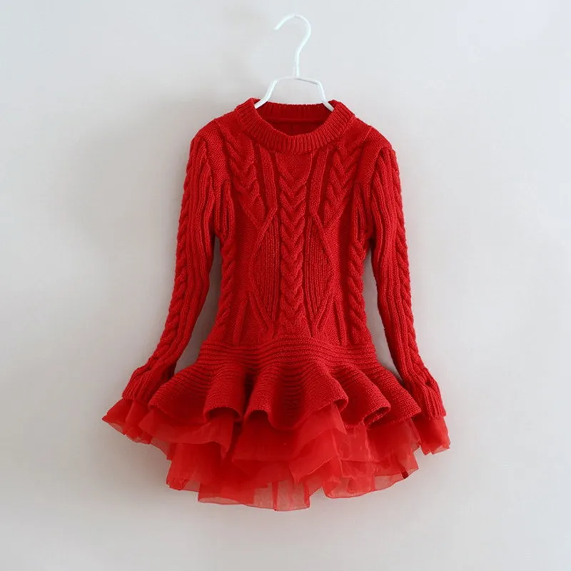

New Autumn Girls Knitted Dress Kids Ruffle Roll Neck Sweater Dress Girls Long Sleeve Warm Pullover Baby Clothes D0288