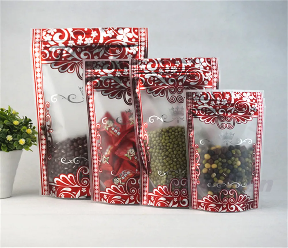 

Flower Printed Bag 100pcs Matte Clear Stand Up Ziplock Bags With Print,Reusable Plastic Pouches Self-sealing Nuts Pack Food Sack
