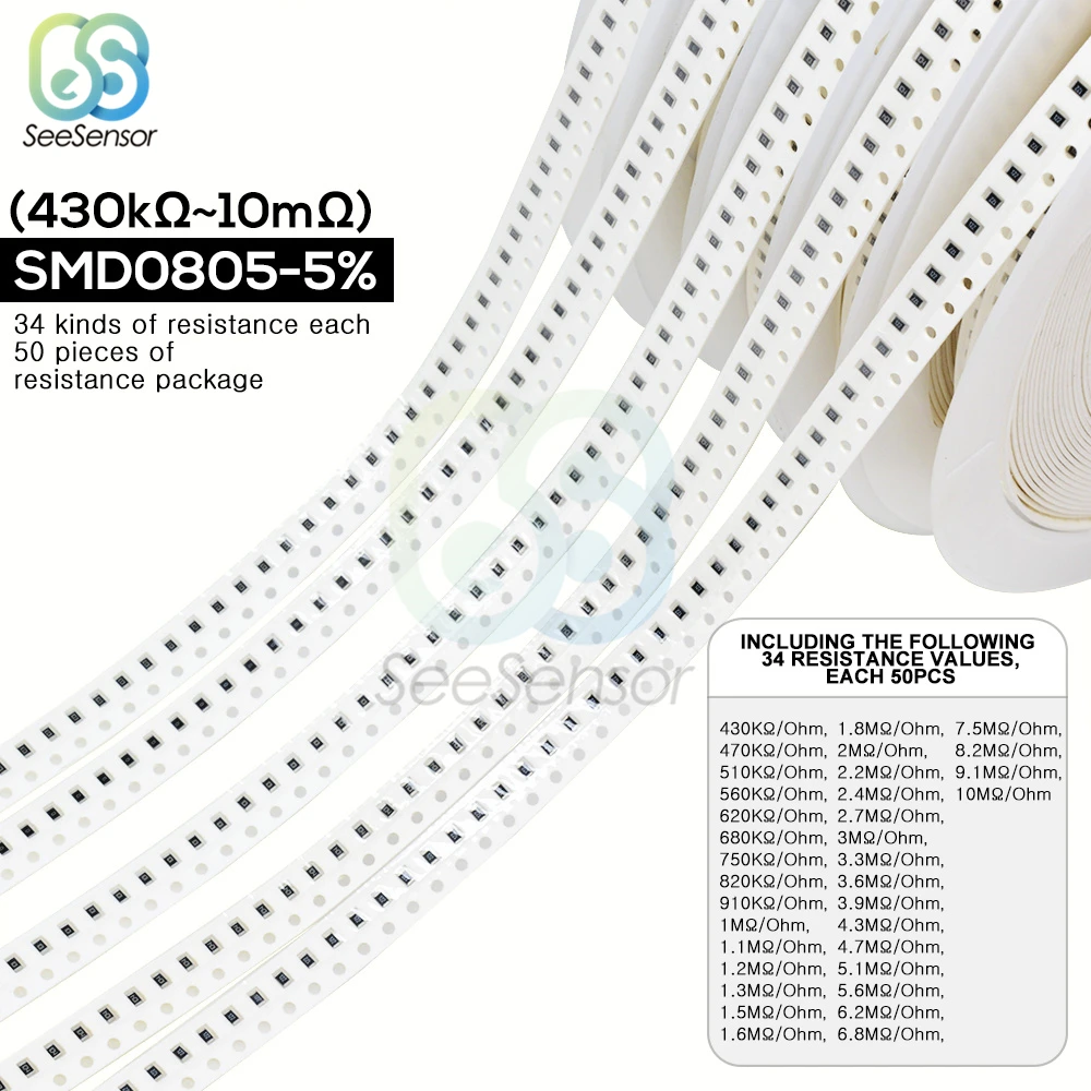1700 шт. набор резисторов 0805 SMD в ассортименте 0 фотоом 5% 34 значения 50 =