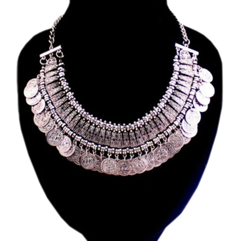 

Bohemian Ethnic Tribal Silver Belly Dance Coin Tassel Choker Bib Necklace Belly Dancing Jewelry tracking fee
