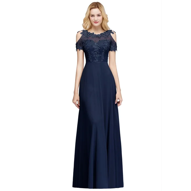 Navy Blue Шифон длинный Выпускной платья жемчужная аппликация Выпускное Платье vestido de festa gala jurken - Цвет: Navy Blue